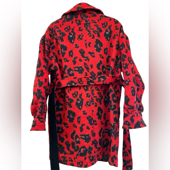 Diane von Furstenberg Red Leopard Wool Blend Belted Coat Jacket M - Picture 2 of 7